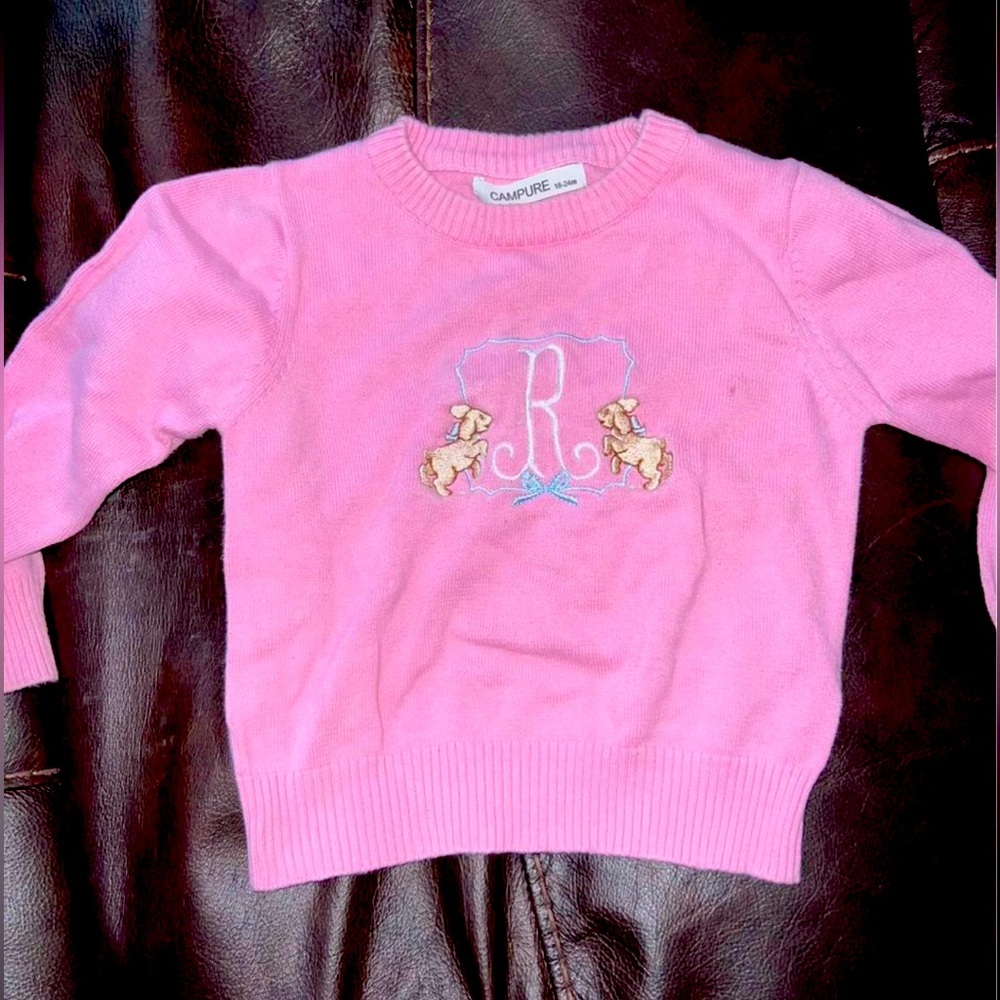 Pink monogram “R” sweater with lambs. Size 18-24 months